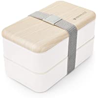 Thousanday Fiambrera Bento Bambú Blanco | Tupper Design con 2 Cubiertos | Bento Box 2 Compartimentos Estancos 1200 ml…